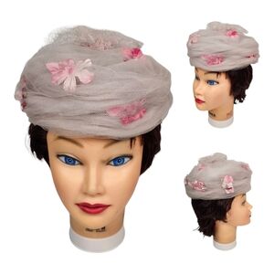 Women's VTG Pink Pillbox Hat Netted  w/ Union Made Label Mid Century Modern Miss